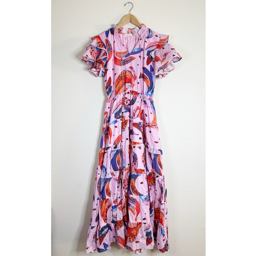 MAUDE VIVANTE pink banana print tiered ruffle maxi dress M